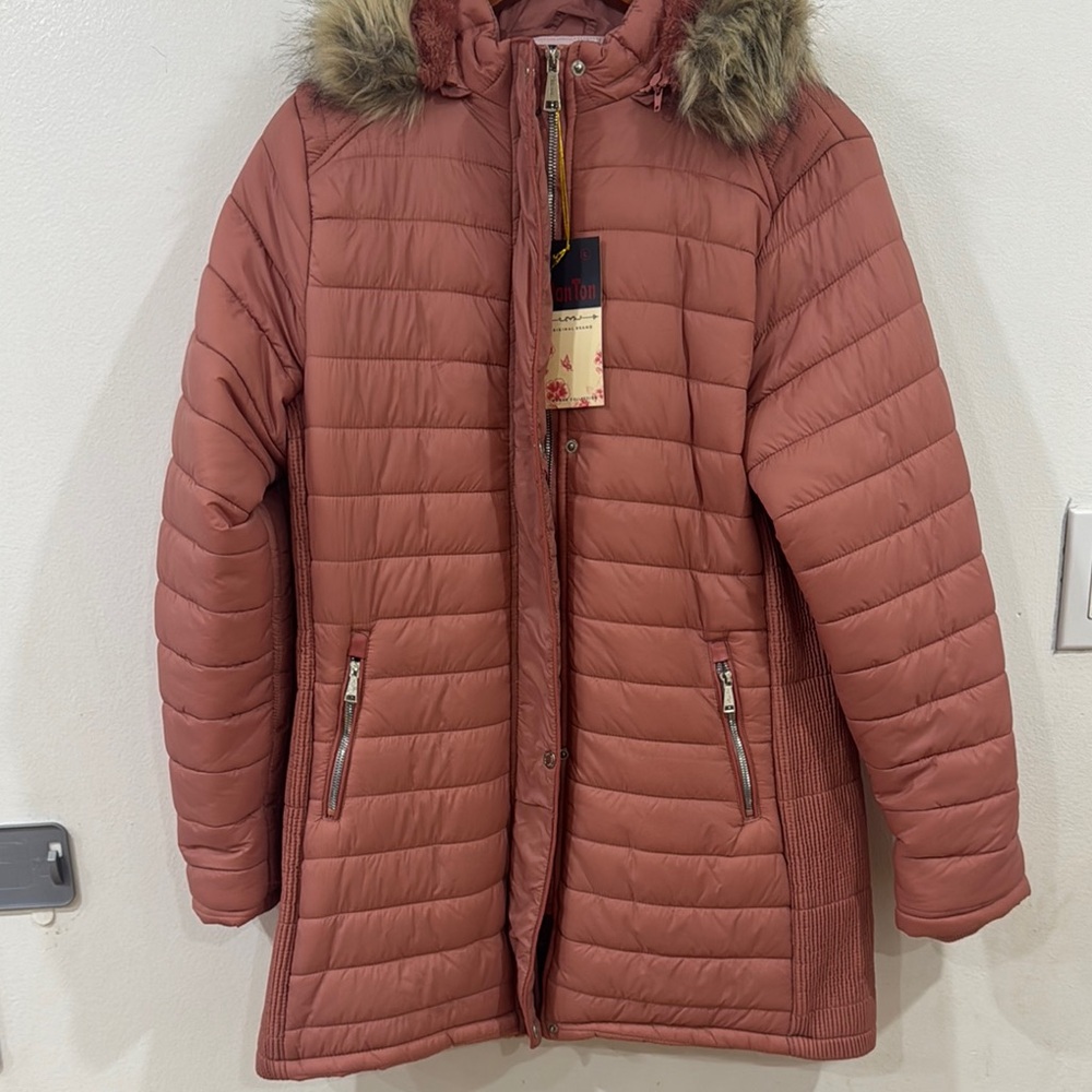 Women's Quilted Jacket with Faux Fur Hood - Rust